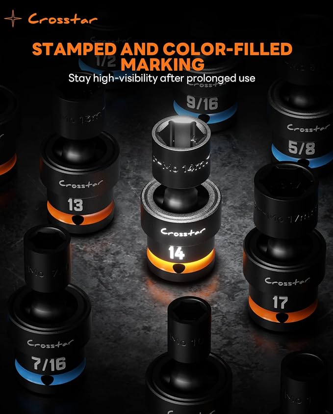 Crosstar 14 Pieces 3/8"Drive Swivel Socket Set,Impact Rated Universal Joint,CR-MO Steel,Metric and SAE Wobble Socket,6-Point Shallow Socket with Transparent Case,Flexible 360°Rotation for Tight Spaces