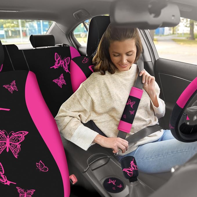 BBTO 47 Pcs Car Seat Full Set Car Accessories for Women 5 Front Rear Seat Covers Wrist Strap 2 Pieces Cup Mat Armrest Pad 2 Belt Cover Accessories for SUV(Rose Red)