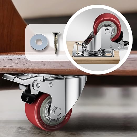 2 Inch Caster Wheels, Casters Set of 4, ASHGOOB Red Polyurethane (PU) Casters with Brake Heavy Duty, Industrial Locking Swivel Top Plate Castor Wheels for Workbench/Furniture/Cart