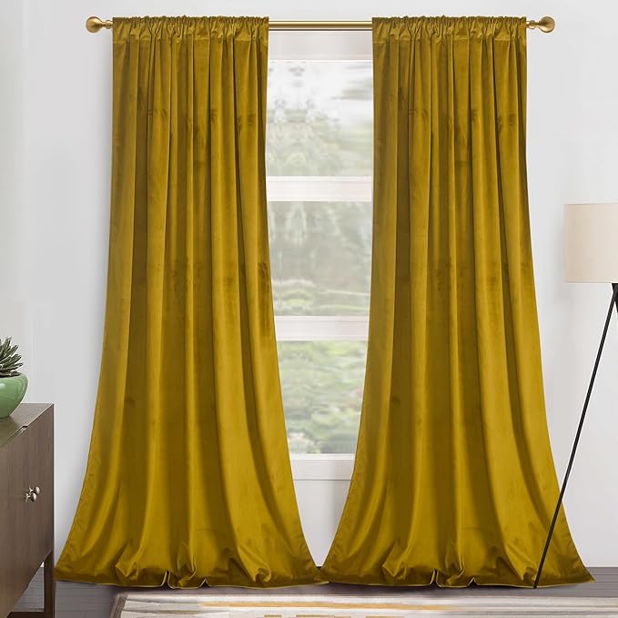 Roslynwood Luxury Soft Olive Yellow Velvet Curtains 84 inches Long Back Tab Thermal Insulated Blackout Window Drapes for Living Room/Bedroom/Dining Room, W52 x L84,2 Panels
