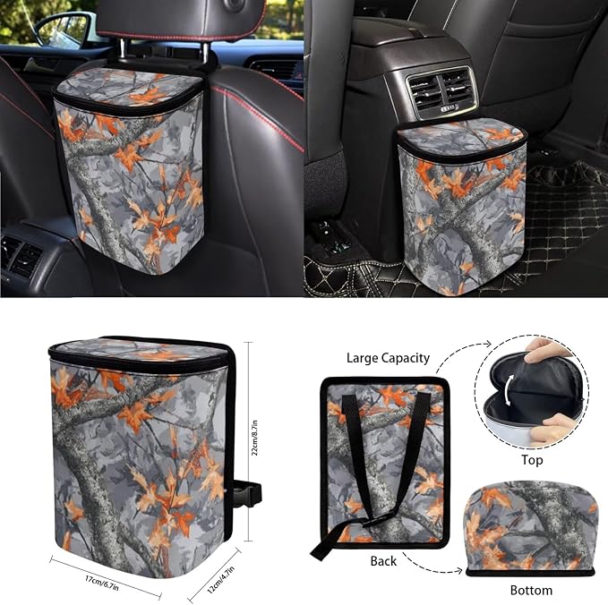 Camo Maple Leaf Car Seat Covers Full Set for Women Flower Car Accessories Set 15 Pcs Car Steering Wheel Cover Seat Belt Pad Trash Can Coasters Car Headrest Pillow Covers Armrest Pad