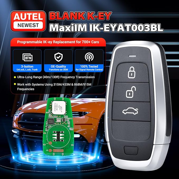 Autel Original Universal Key Fob Replacement, 3-Button Keyless Entry, 2026 Programmable Blank Key IKEYAT003BL, Dual-Band, 130FT Remote, OE-Quality, Work with KM100 Scan Tool