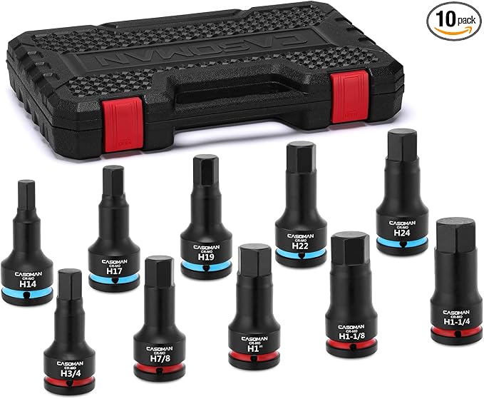 CASOMAN 3/4-Inch Drive Impact Hex Bit Driver Set, 10 Pieces Allen Bit Socket Set with Storage Case, Metric & SAE, CR-MO Steel, Impact Grade, One-Piece Construction