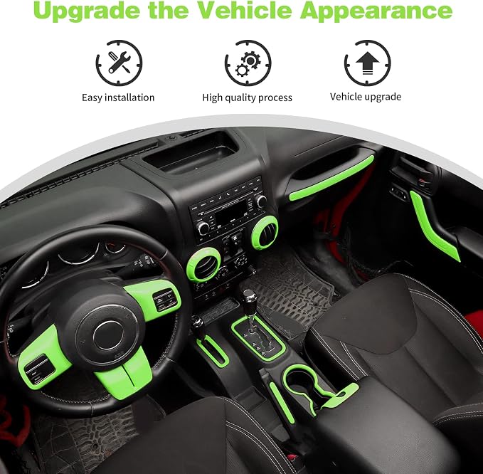 CheroCar 18PCS Interior Trim Kit for Jeep Wrangler JK JKU 2011-2018 4 Door,Steering Button Frame, Air Conditioning Vent Trim Cup Holder Cover,Gear Shift Knobs Frame,Light Green…
