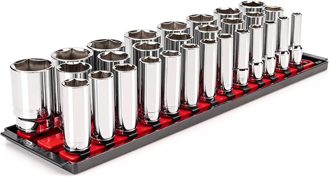 TEKTON 1/2 Inch Drive Deep 6-Point Socket Set with Rails and Tray, 29-Piece (10-38 mm) | SHD92125