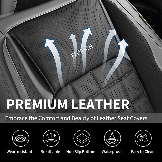 FLORICH Seat Cover, Car Seat Covers Full Set, Waterproof Leather Car Seat Protector 5 Seats, Front and Rear Seat Covers for Cars, Breathable Automotive Seat Covers Protector Fit for Most Cars Trucks