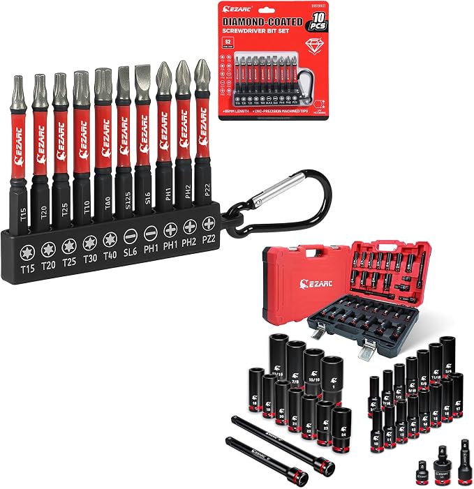 EZARC Diamond Coated Screwdriver Bit Set and EZARC 1/2" Drive Impact Socket Set