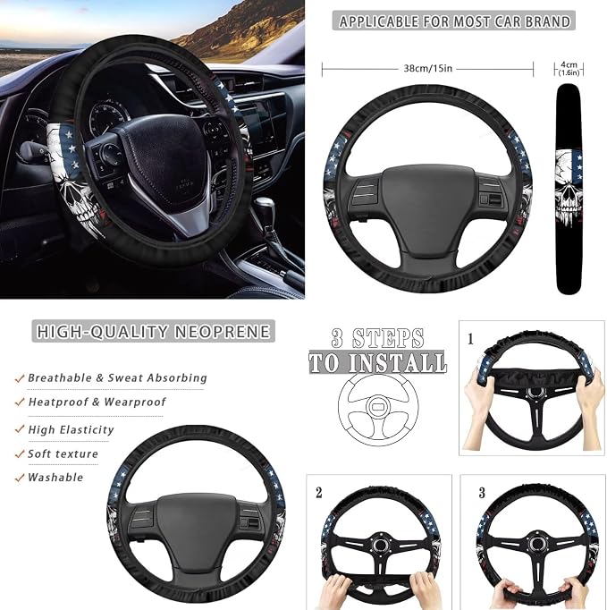 Howilath American Flag Skull Car Seat Cover Full Set 13 Piece Anti-Slip Front Back Seat Covers with Auto Steering Wheel Pads/Seat Belt Cushion/Keychains/Cup Mat Accessories Interior Decor