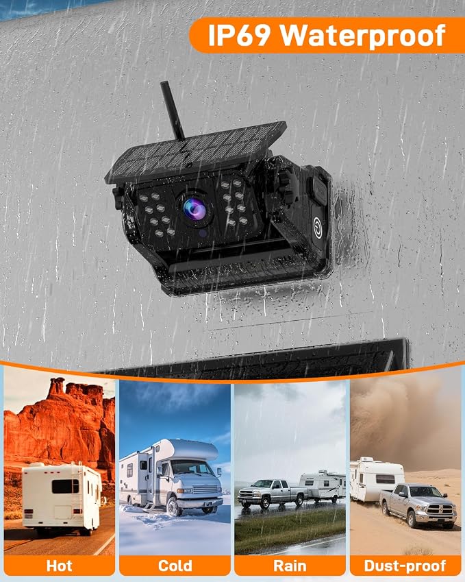 Wireless Solar Backup Camera for Trailer: Long-Range Signal Magnetic Backup Camera for Travel Trailer 7-Inch DVR Monitor 1080P HD Night Vision by Rohent - A70