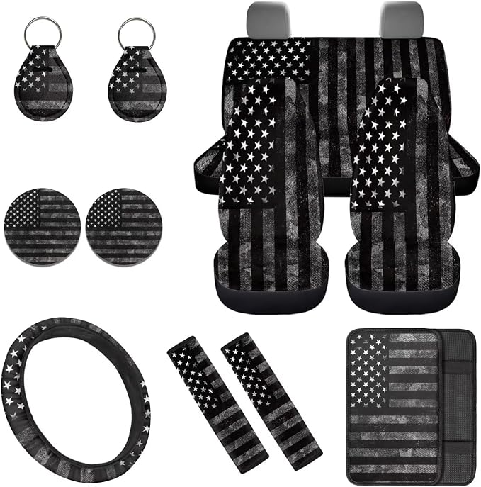 Black American Flag 12 Pcs Car Seat Covers with Steering Wheel Cover,Seat Belt Covers Cup Holder with Keychain Automotive Protector Set Unverisal Fit Cars SUV