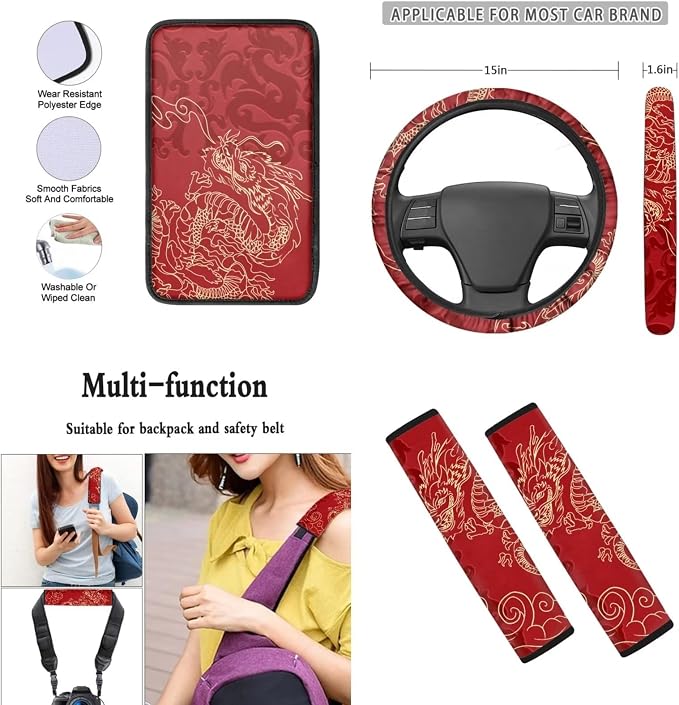 Mumeson Dragon Car Seat Covers for Front Rear Seat Protector with Steering Wheel Cover + Seat Belt Strap Pads Shoulder Pad Armrest Cushion Pad of Car Full Set of 8 Pcs Car Decor Set Purple