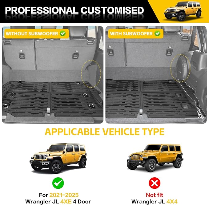 Trunk Mat with Door Sill Guards for 2021-2025 Jeep Wrangler JL Unlimited 4XE Accessories All Weather Rear Trunk Liner Door Sill Protector for 21-25 JL JLU 4XE 4 Door(Not for 4X4)