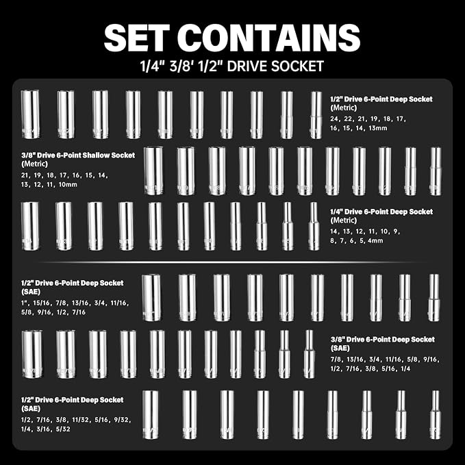 264-Piece Mechanics Tool Set, SAE & Metric Impact Socket Set, 1/2'', 1/4'', 3/8'' Drive, Deep & Shallow, CR-V Steel, with 90-Tooth Ratchet, Extension Bar, Universal Joint, with Molded Case