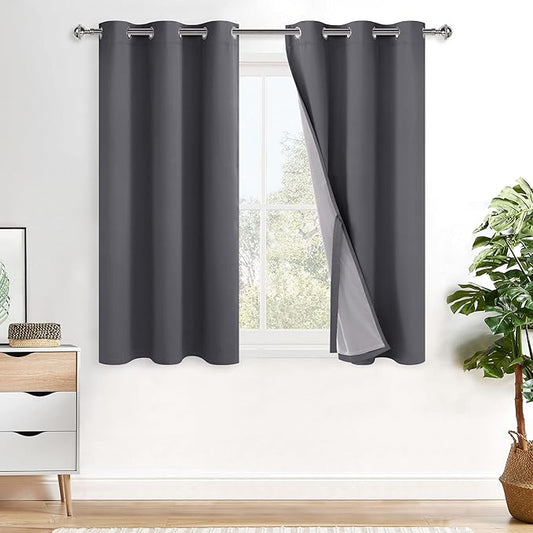 XWZO 100% Blackout Curtain Panels - Thermal Insulated Black Liner Curtains, Noise Reducing and Heat Blocking Drapes for Hall and Studio Windows with Tiebacks, Dark Grey, W38 x L54, Set of 2