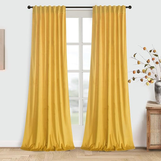 Roslynwood Luxury Soft Warm Yellow Velvet Curtains 108 inches Long Back Tab Thermal Insulated Blackout Window Drapes for Living Room/Bedroom/Dining Room, W52 x L108, 2 Panels