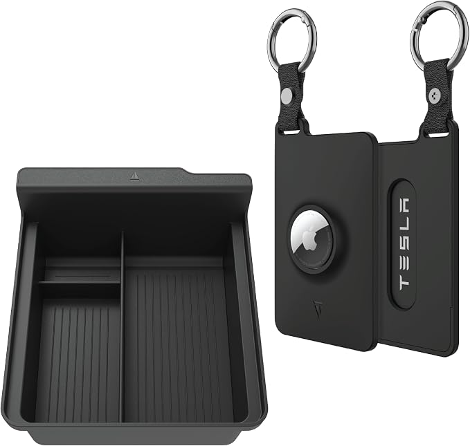 TUDIA Center Console Tray for Tesla Model 3 (2021-2023) / Model Y (2021-2025) + Tesla Key Card Holder with Air Tag Slot Bundle Set