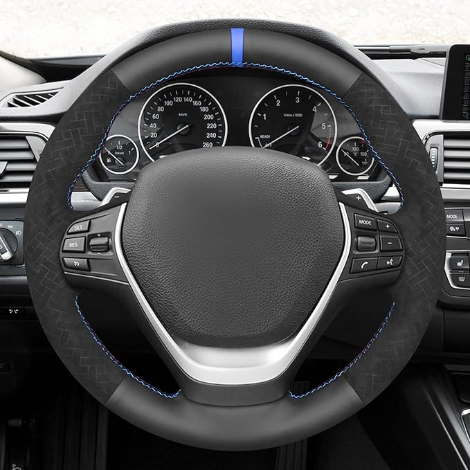 MEWANT Hand Stitch Faux Leather Woven Embossed Athsuede Steering Wheel Cover for BMW 2Series F22 F23 F30 F34 F32 F33 F36