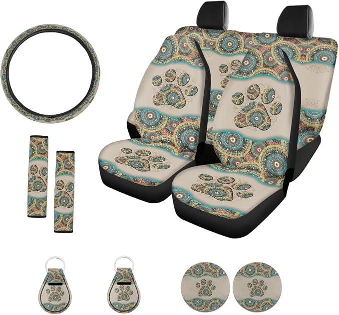 Suobstales Boho Mandala Print Car Accessories for Women Men Dog Paw Seat Covers for Car, Trucks, SUV Full Set Interior Cover Seat Protectors with Steering Wheel Cover,Seat Belt Pads,Coaster,Keychains