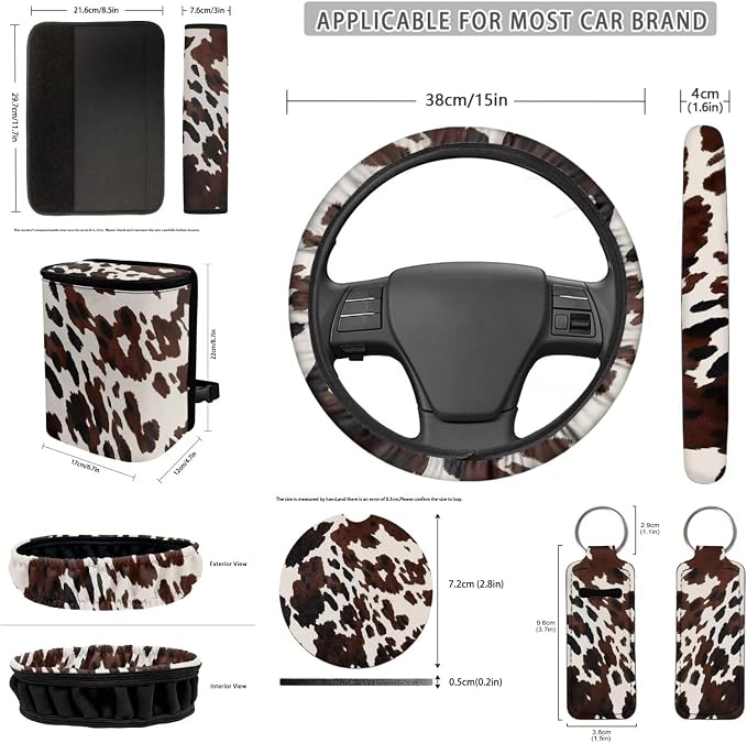 Brown Cow Print Car Accessories Set 12 Pcs Steering Wheel Cover Car Seat Belt Cover Car Trash Can Car Rear View Mirror Cover Car Cup Coasters Keychain Holder Keychains
