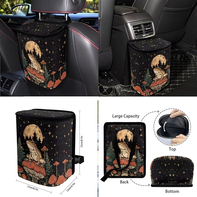 Frog Moon Mushroom Forest Pattern Auto Seat Covers Full Set, Car Interior Decor Set of 10 Steering Wheel Cover Cup Coasters Car Trash Can Air Vent Pounch Bag Keychain Universal Fit Most Cars