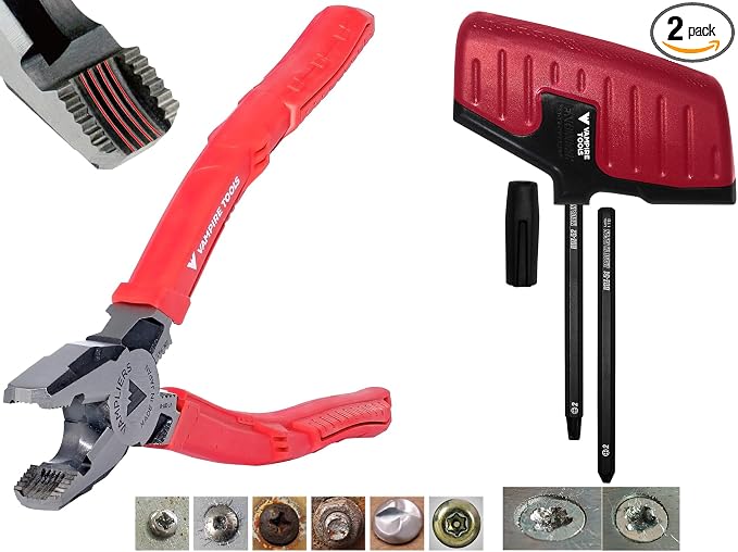 VAMPLIERS 2-PC Stripped Screw Extractor Tool Set. Made in Japan: 8" Linesman Plier + Recessed Screw Extractor. Remove any Rusted/Damaged/Specialty or Sunken Screws, Nuts and Bolts.