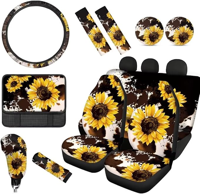 Wanyint Sunflower Cow Print Car Seat Cover Full Set with Front Back Seats Steering Wheel Covers Armrest Pad Handbrake Cover Gear Shift Cover Auto Seat Belt Pads,Cup Holder Coaster