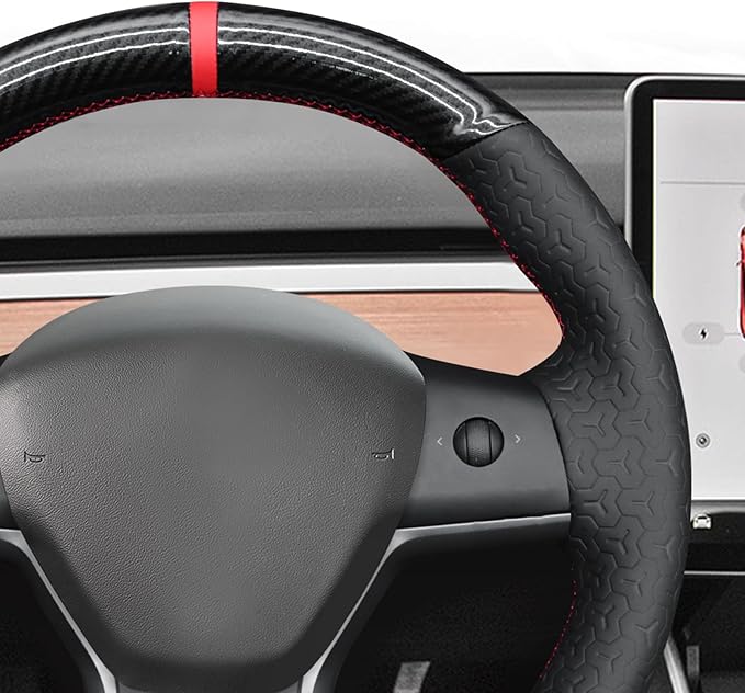 MEWANT DIY Shiny PU Carbon Fiber Geom Embossed Faux Leather Steering Wheel Cover for Tesla Model Y 2023 Model 3 2023