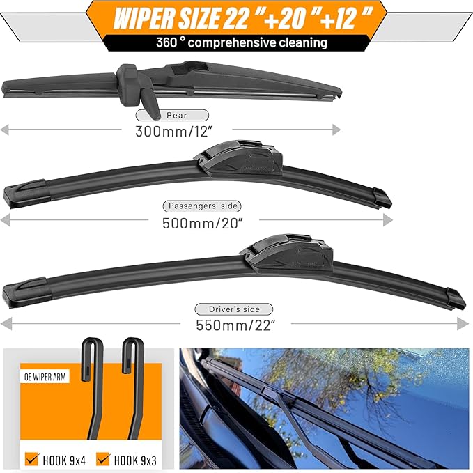 AUTOBOO 22"+20" Windshield Wipers with 12 Inch Rear Wiper Blade Replacement for Toyota 4runner 2003 2004 2005 2006 2007 2008 2009 -Original Factory Quality (Pack of 3)