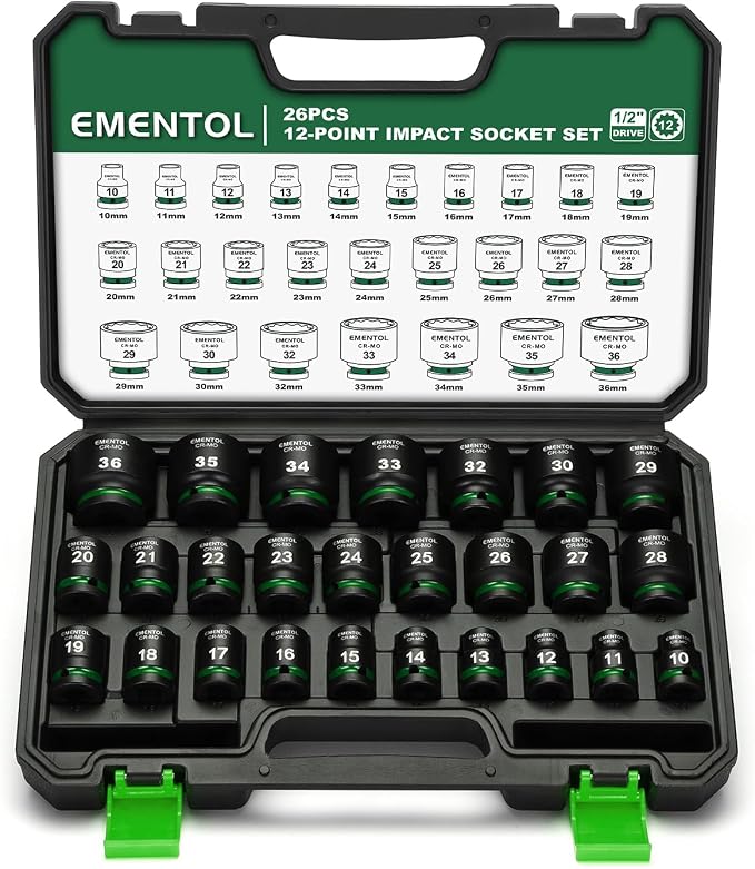 EMENTOL 1/2" Drive Impact Socket Set, Shallow Sockets, 26 Pieces, Metric (10-36mm), 12 Point, CR-MO, Stamped and Ink Filled