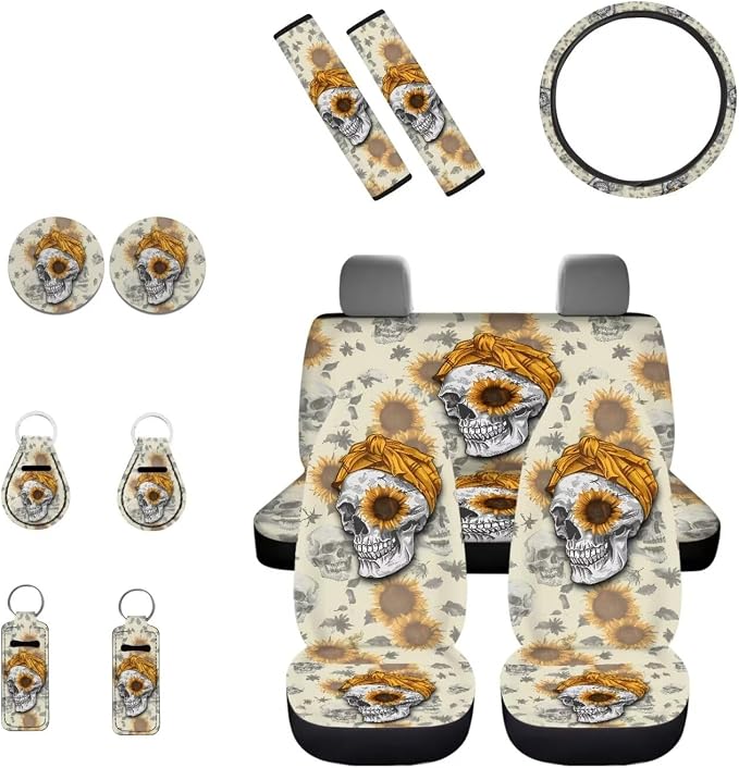 INSTANTARTS Skull 13 Pieces Car Accessories Sunflower Car Front Seat Cover + Steering Wheel Cover + Seat Belt Cover + Keychain + Lipstick Cover + Coaster Atuo Protection Devices
