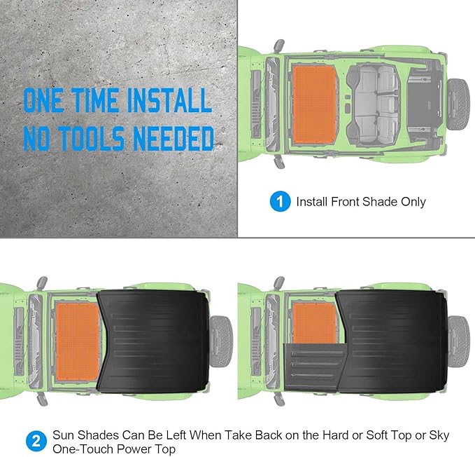 JT JL Top Sun Shade Roof Compatible with Jeep Wrangler and Gladiator 2 or 4 Door 2018 to 2023 Sunshade Sunroof Blocks UV Wind Noise Orange Mesh for Front
