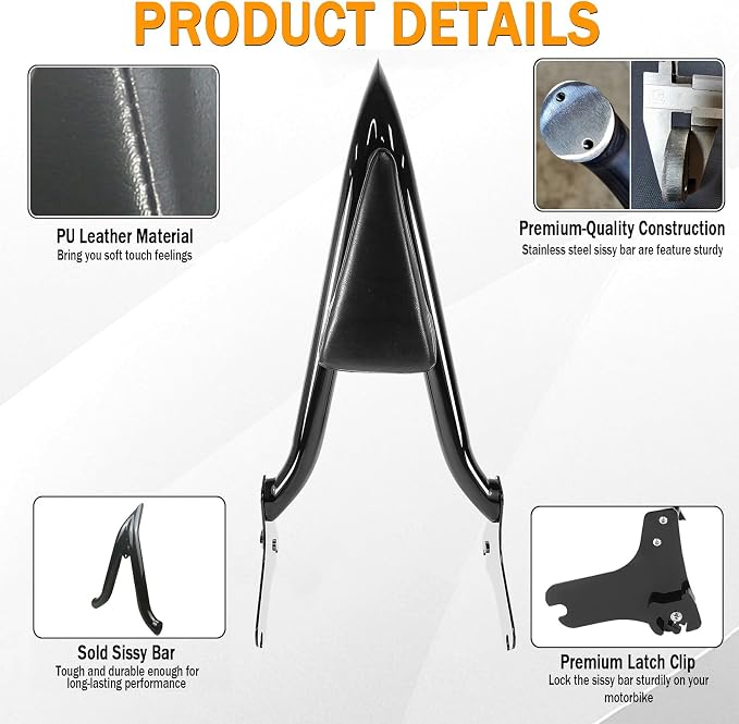 Detachable Black Sissy Bar Passenger Backrest Rear Pad Compatible for Harley Davidson Touring 97-08 Road King Electra Glide Street Glide [26 Inches Height]