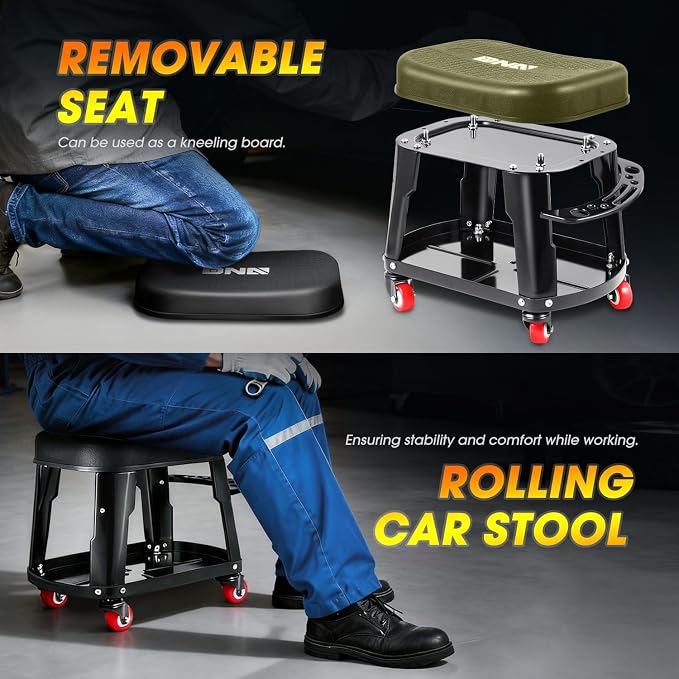 DNA Motoring TOOLS-00252 Removable Rolling Garage Stool with Seat Cushion & Tool Tray Plate,300lbs Max Weight Capacity