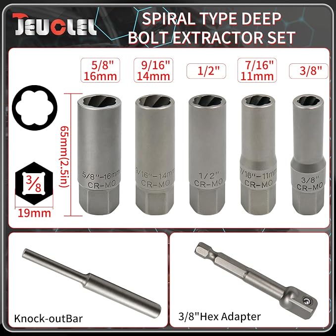 7PCS Spiral Type Deep Extractor Set, Stripped Bolt Remover Lug Nut Extractor Set, Spark Plug Easy-out Set, Lug Nut Removal Tool Set for Removing Deeply trapped and Broken Bolts, Studs.