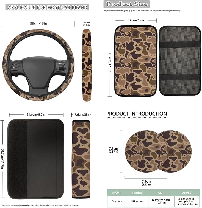 Bulopur Duck Hunting Camo Automotive Seat Covers Front and Back with Car Steering Wheel Cover Non-Slip Armrest Pad Seat Belt Covers Keychain Automotive Interior Accessories Set 14 Pack