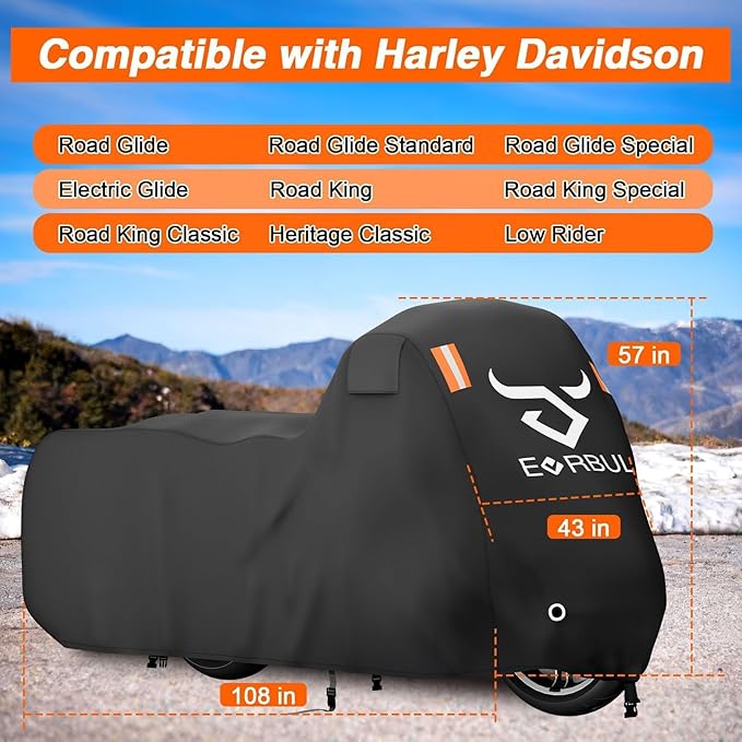 EVRBUL Motorcycle Cover Compatible with Harley Davidson Touring Models Road Glide Road King Electric Glide Heritage Classic Heavy Duty 420D Waterproof Outdoor Motor Sun Cover Protection