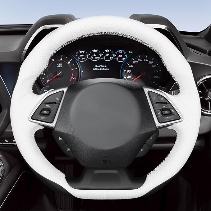 MEWANT Hand Stitch Steering Wheel Cover for Chevy Camaro 2016-2025 Custom Black White Microfiber Leather Interior DIY Wrap Restoration Kit Anti-Slip Breathable Protector