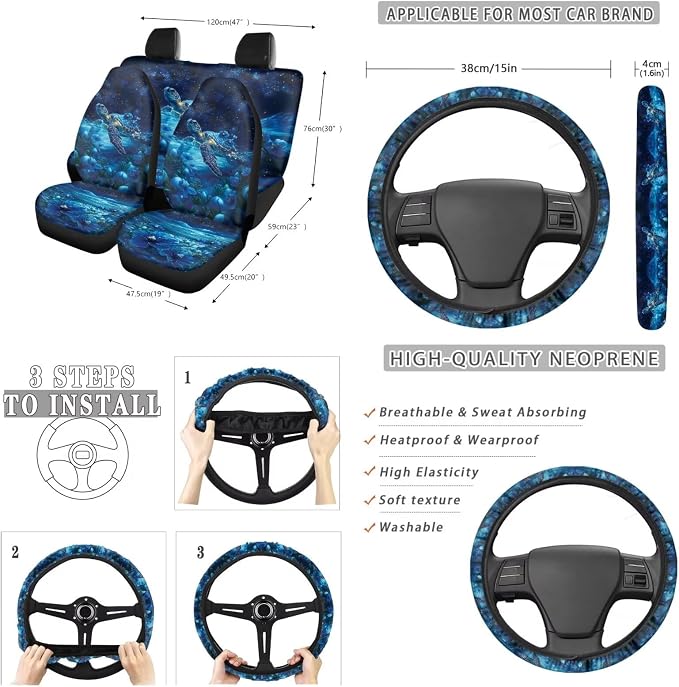 Suobstales Galaxy Turtle Flower Print 13 Pieces Car Accessories with 4 Car Seat Covers 1 Steering Wheel Cover 1 Trash Can 2 Seatbelt Cover 2 Coaster 1 Rearview Mirror Cover 2 Keychains Universal Fit