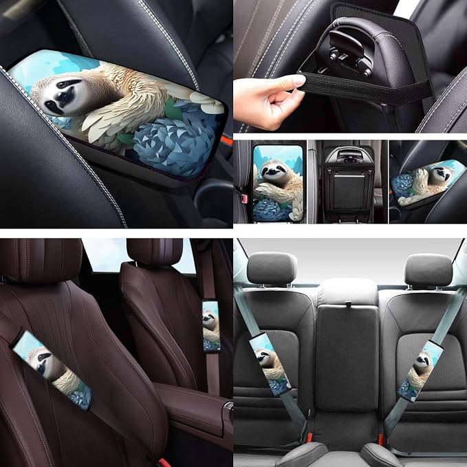 Funny Sloth 12 Pack Car Seat Covers Full Set with Steering Wheel Accessories Car Seat Belt Cover Arm Rest Cover Car Cup Coasters Universal Fit for Most Cars,SUVs