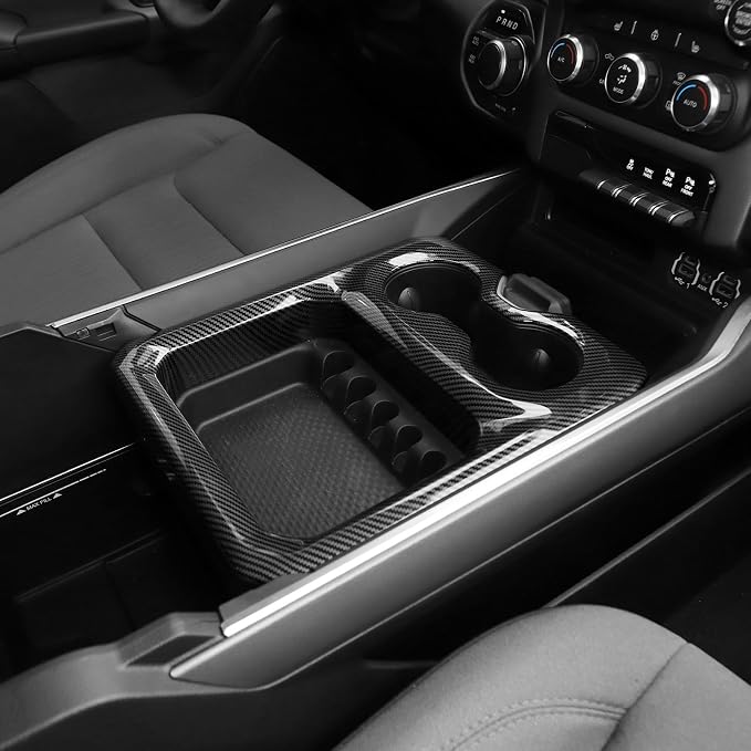 RT-TCZ for RAM Cup Holder Storage Box Trim Cover, Carbon Fiber Interior Accessories for Dodge RAM 2018-2023