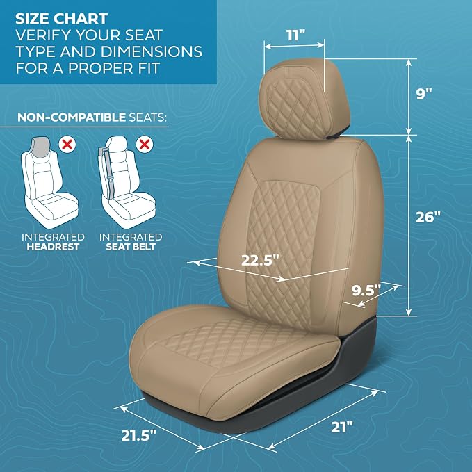 MotorBox Haven Series Napa Leather Seat Covers for Cars, Lux Edition Diamond Stitched Front Seat Covers, Premium PU Leatherette Beige Car Seat Covers for Cars Trucks SUVs