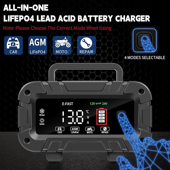 E-FAST Battery Charger 0-20A 12/24V Lifepo4 Lead Acid Automatic Smart Car Battery Charger, Trickle & Pulse Repair, Automobile Battery Maintainer for Car Truck Motorcycle Lawn Mower Boat