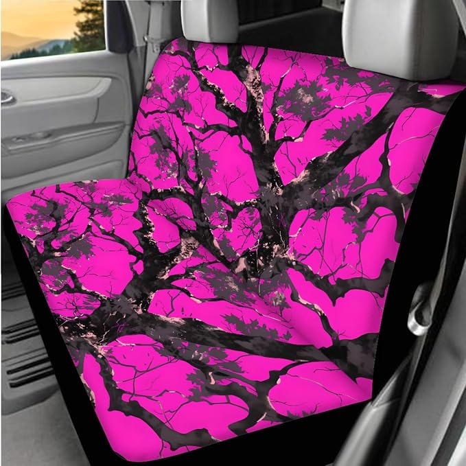 8 Pcs Pink Branches Prints Car Interior Accessories Set for Women, Car Seat Covers Full Set with Auto Steering Wheel Cover Auto Center Console Pad Seat Belt Covers
