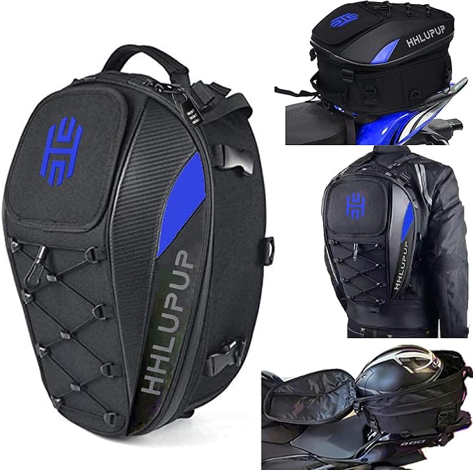 Motorcycle Helmet Bag Dual Use Helmet Backpack and Seat Bag, 38L Waterproof Luggage Bag with Password Lock for Travel and Commuting Blue