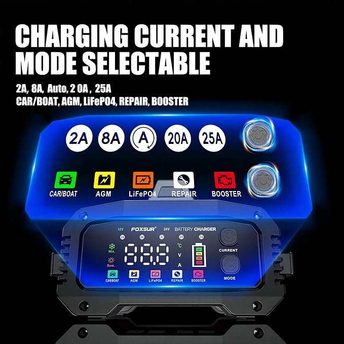 2Amp to 25Amp Car Battery Charger and Maintainer, Trickle Charger for 12V 24V Batteries Repair (AGM, LiFePO4, Lead Acid) with Winter and Booster Mode