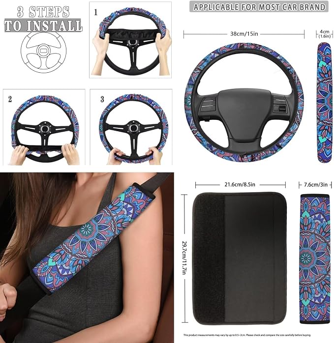 INSTANTARTS Boho Mandala Style Car Accessories Full Set of 13 Front Rear Seat Covers with Keychain Lipstick Holder Coasters Steering Wheel Cover Seat Belt Cover