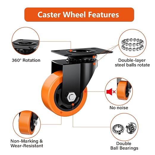 2" Swivel Plate Casters Set of 8 Heavy Duty 400 lbs | Orange PU, Non-Marking, Quiet. 400 Lbs/4 Casters. No Brake - Continuous Rolling. Black Rustproof Bracket. Workshop, Garage