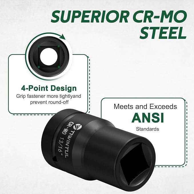 13/16" Impact Socket 1" Drive, for Truck Axle Nuts & Hub Removal | Square, 6 Point Design, CR-MO ANSI Certified, Heavy Duty Socket 1 Inch Drive for Suspension & Heavy Equipment Maintenance