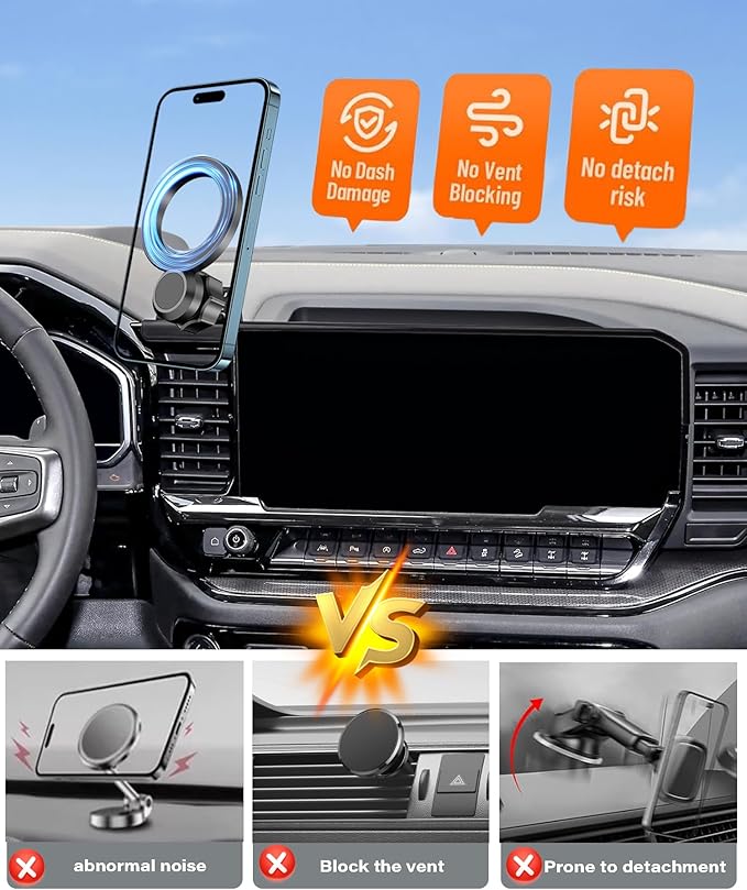 Magnetic Car Phone Mount for 2022-2026 Chevrolet Silverado 1500/2500/3500 Accessories, for MagSafe Strong Magnets Cell Phone Holder 13.4-Inch Screen Cradles, with Portable Phone Gripper