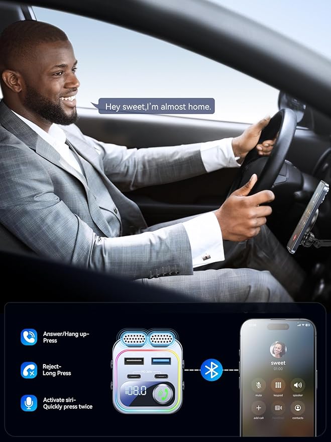 60W Bluetooth 5.4 FM Transmitter Car Adapter [Reinforced Dual Mics & Deep Bass] [Dual PD 60W & QC3.0] Fast Charging Handsfree Calling Wireless Radio Bluetooth Transmitter for Car [Silver]